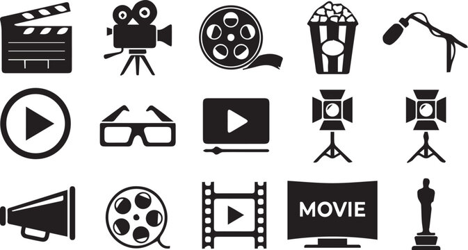 movie cinema entertainment icons set black silhouette collection .