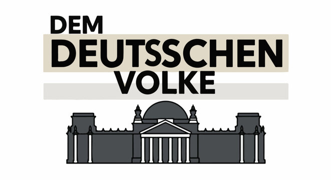 Graphic of iconic building facade with German text above