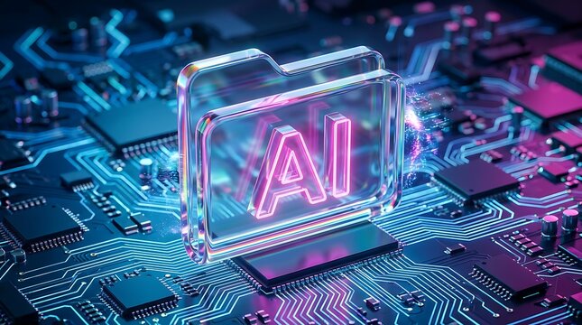 Glowing digital folder with artificial intelligence emblem emitting energy sparks on a high tech motherboard for smart file organization concepts