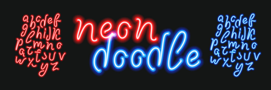 Vector doodle neon font with red and blue colors. Concept of neon signboard logo.