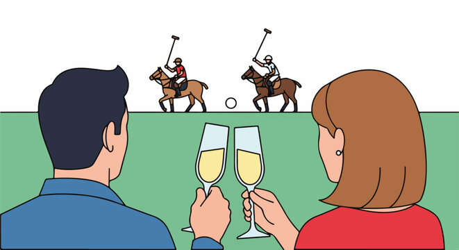 Two people clink champagne glasses while watching a polo match
