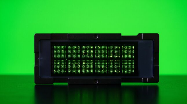 Close-up of glowing microarray chip with green fluorescent spots in laboratory setting