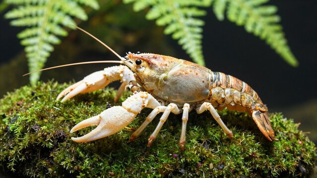 A close-up of a white-clawed crayfish, Austropotamobius pallipes, resting on green moss with ferns in the background. The image captures its detailed texture and natural habitat.