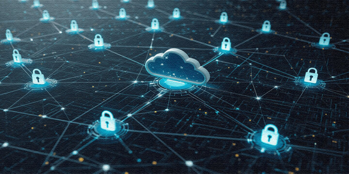 Futuristic internet security background with glowing digital connections, lock icons and cloud data system, representing encrypted communication and cyber protection.	