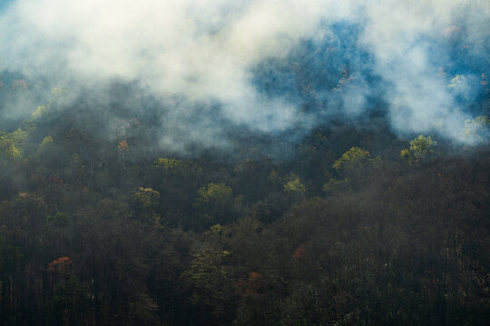 Smoke rises over a mountainside during a controlled burn in North Carolina