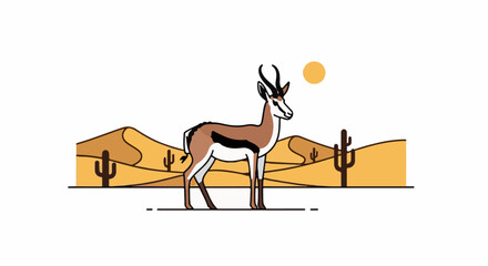 Fototapeta premium Stylized gazelle stands in a desert landscape with cacti and dunes