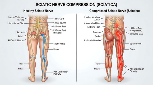Detailed medical illustration comparing healthy and compressed sciatic nerves, demonstrating sciatica symptoms and the pathway of nerve pain in the human leg and lower back anatomy
