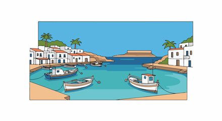Obraz premium Picturesque coastal village with white buildings, boats in clear blue water
