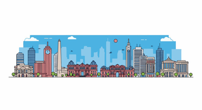 Stylized cityscape with prominent buildings, a clock tower, obelisk, and sun