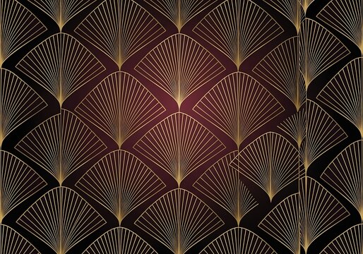 Art deco gold fan pattern on dark burgundy background