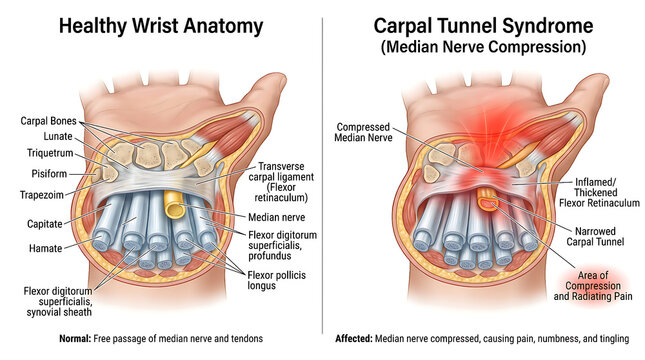 Anatomical comparison of a healthy wrist and a carpal tunnel syndrome wrist highlighting median nerve compression