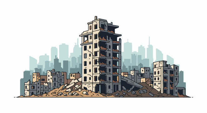 Collapsed buildings and debris in a stylized cityscape