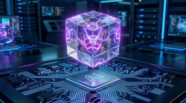 Glowing purple transparent data cube hovering over an artificial intelligence microchip on a high tech computer motherboard in a server room