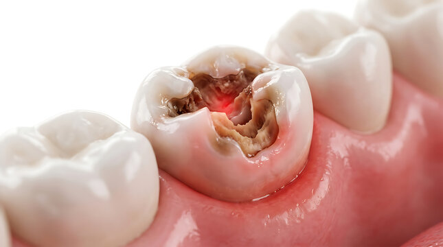 3D illustration of a severely decayed molar tooth with exposed pulp and inflamed gums, highlighting advanced dental cavities and the urgent need for treatment