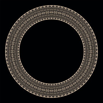 Oriental vector round frame with arabesques and floral motifs. Golden round frame. Traditional round Turkic ornament. Oriental round pattern with arabesques. For ceramic, porcelain, embroidery, plate,