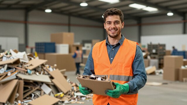 A smiling man in an orange safety vest and green gloves holds a piece of crushed cardboard at a waste sorting facility, with piles of recyclable materials around him.