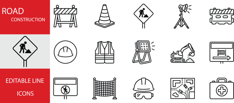 Road construction line icons set vector illustration of construction site equipment, safety gear, and traffic signs for road work