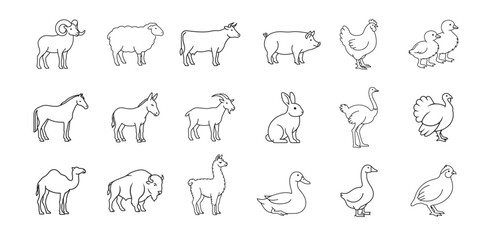 Fototapeta premium Farm animal outline icon set with livestock poultry and editable stroke vector collection