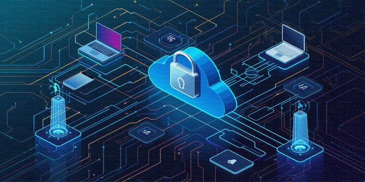 Digital cloud environment featuring secure connections, centralized storage, and real-time cybersecurity monitoring systems.