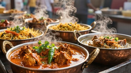 Obraz premium Steaming bowls of colorful curries and rice dishes in a lively Indian restaurant, with steam rising from copper pots.