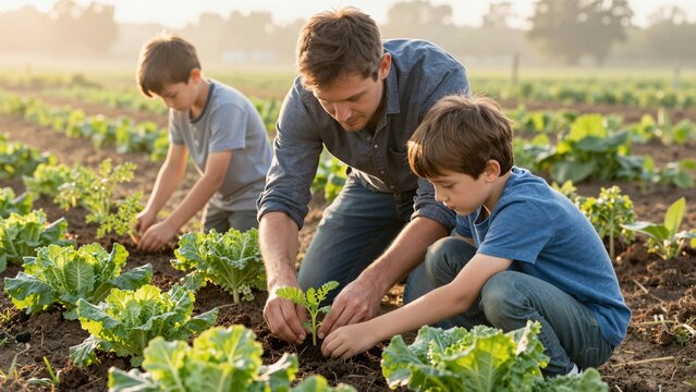 A father and his two sons are planting seedlings in a sunny vegetable garden.