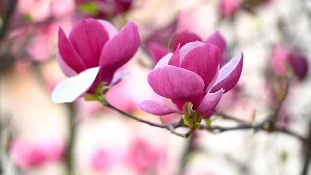 Detailed view of pink magnolia blossoms in full bloom during sunny spring weather. Floral nature footage with shallow depth of field and soft background.