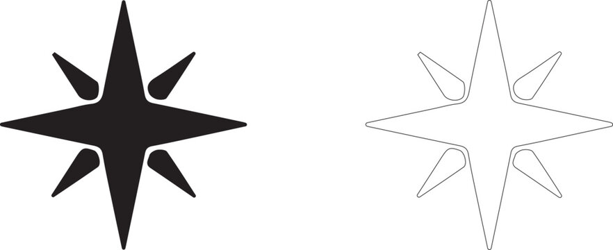 Eight-pointed star vector icon, North Star symbol, sparkle, navigation guide, compass rose and astronomy.