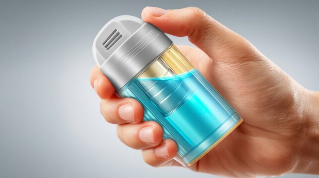 Hand Holding Small Portable Nebulizer with Blue Liquid Medication