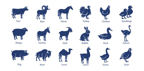 Obraz premium Farm animal silhouette icon set with livestock poultry birds and editable vector collection