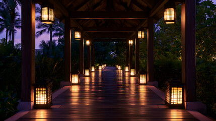 Fototapeta premium Premium resort garden walkway with warm lantern glow and elegant tropical twilight charm