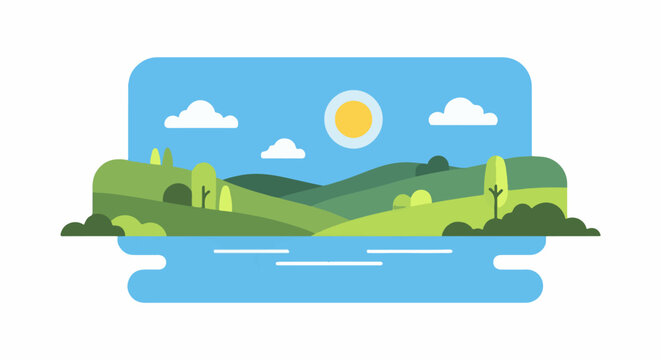 Sunny rolling hills and tranquil water under a blue sky with clouds