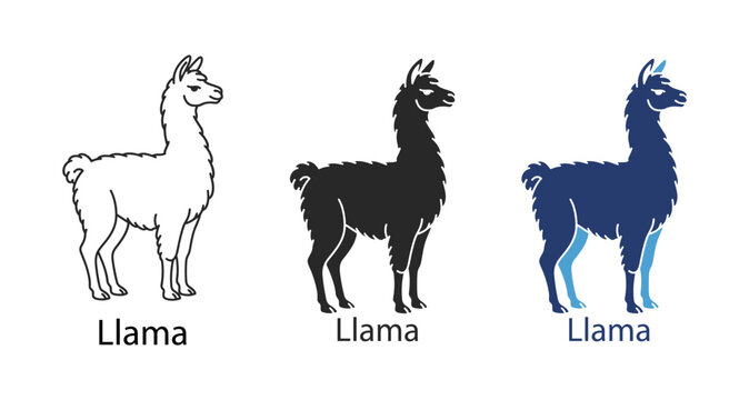 Llama icon set with outline and glyph vector camelid animal silhouettes