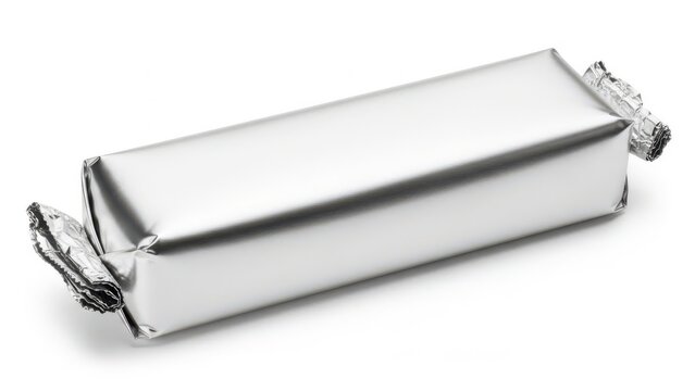 A rectangular silver bar with a handle on each end, resting on a white background.