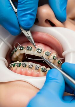 Extremely close-up view of a patient's mouth with a cheek retractor during an orthodontic treatment with metal braces and green bands