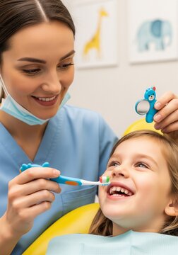 A friendly female dentist brushing a little girl's teeth with a colorful toy toothbrush in a bright, kid-friendly dental office