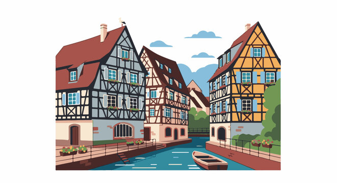 Picturesque canal lined with colorful half-timbered buildings under clouds