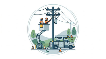 Fototapeta premium Electricians Working On Utility Pole.