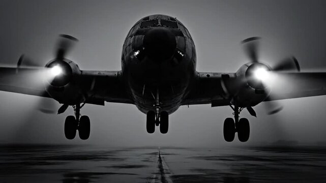 Dramatic front view of a vintage four-engine propeller plane taking off against a moody overcast sky in black and white