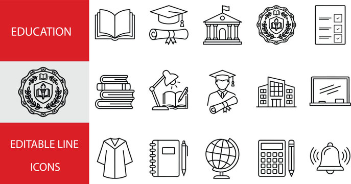 Set of education and school line icons vector illustration of academic symbols, university, graduation, books, and learning tools