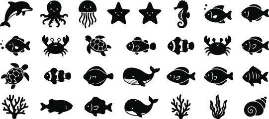 Sea Animals Silhouette Icon Set - Ocean Life, Fish, Coral, Whale, Dolphin, Turtle and Shell Vector Collection . © Rizvi