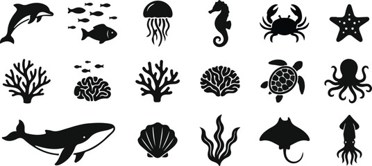 Sea Animals Silhouette Icon Set - Ocean Life, Fish, Coral, Whale, Dolphin, Turtle and Shell Vector Collection . © Rizvi