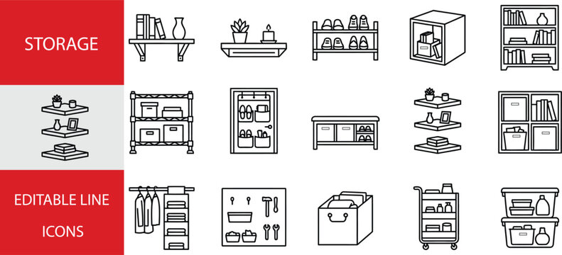 Set of storage and organization line icons, furniture for home and office, shelves, racks, boxes, and organizers