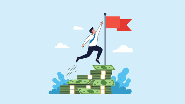 Ambitious businessman uses a stack of paper money as a springboard to jump towards a red flag representing his ultimate goal.