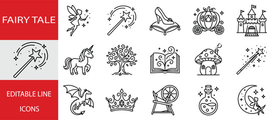 Naklejka premium Fairy tale line icons set, vector illustration of magic elements and fantasy creatures, collection of outline symbols for web design