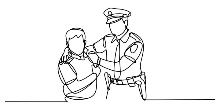 Police officer arresting a man continuous line drawing