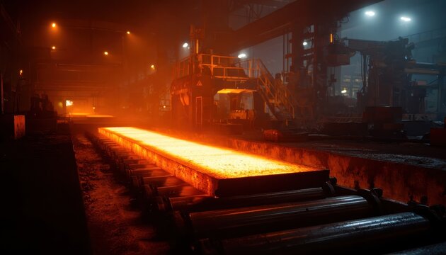 Molten steel production in an industrial foundry at night