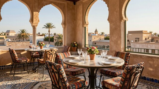 Outdoor dining area on a rooftop terrace overlooking the historic Medina of Marrakech, featuring traditional Moroccan architecture and vibrant decor.
