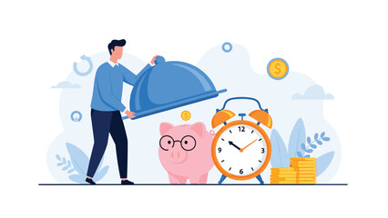 Obraz premium Professional man revealing a piggy bank with glasses and a large clock under a blue lid representing savings and time management.