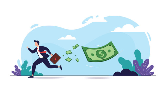 Businessman running quickly with his briefcase as large green dollar bills fly away behind him representing financial loss.