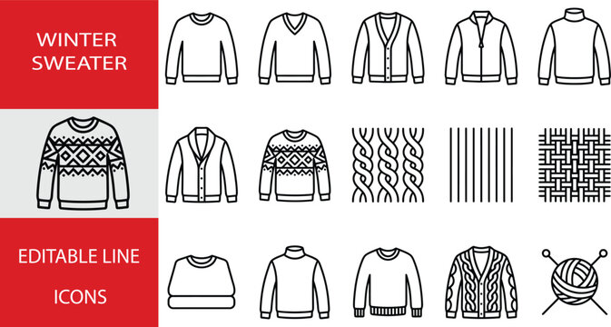 Set of winter sweater icons, including various styles of knitwear, cardigans, pullovers, and knitting patterns, isolated on white background